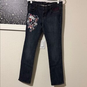 Ed Hardy Dark Blue Straight Leg Jeans with Skull Design